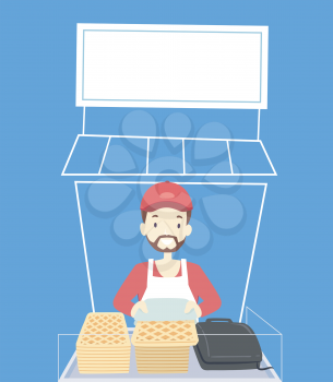 Illustration of a Man Selling Waffles in a Christmas Market Stall