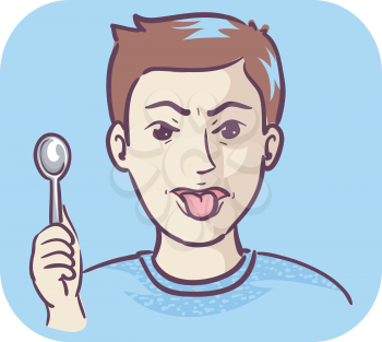 Illustration of a Man Holding a Spoon and Sticking His Tongue Out Due to Metallic Taste