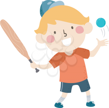 Illustration of a Kid Boy Holding Bat and Ball Playing Brannboll