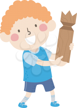 Illustration of a Kid Boy Holding a Big Wooden Kubb King and Playing Kubb