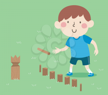 Illustration of a Kid Boy Playing Kubb Outdoors