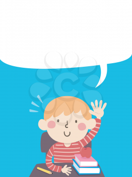 Illustration of a Kid Boy Student Raising His Hand while Sitting In His Desk with a Blank Speech Bubble