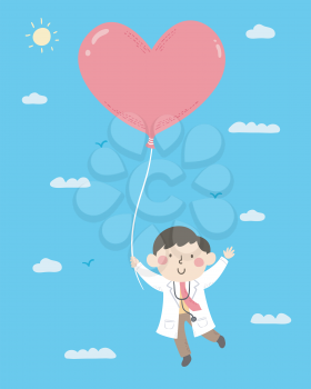 Illustration of a Kid Boy Wearing Doctor White Gown and Stethoscope and Being Carried by a Heart Shape Balloon