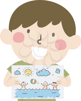 Illustration of a Kid Boy Showing His Doodles About His Summer Vacation, Playing with Other Kids with Ball at the  Beach