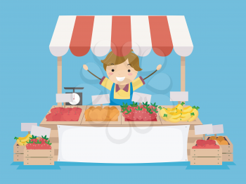 Illustration of a Stickman Kid Boy in His Fruit Stand in a Farmers Market