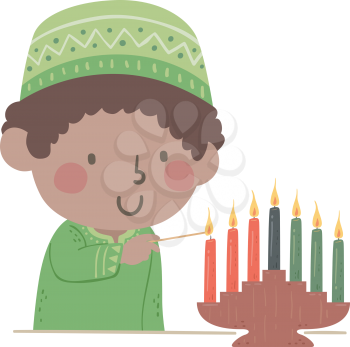 Illustration of a Kid Boy Wearing Traditional Kwanzaa African Clothing and Lighting Seven Candles