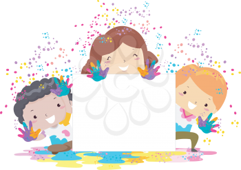 Illustration of Kids with Holi Powder and Blank Board for Holi Festival