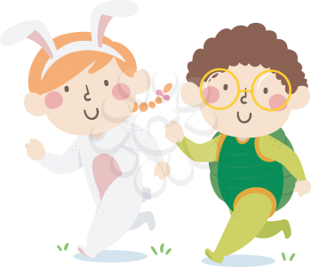 Illustration of Kids in Bunny and Turtle Costume Running a Race