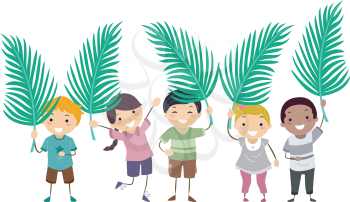Illustration of Stickman Kids Holding Palm Tree Leaves, Celebrating Palm Sunday