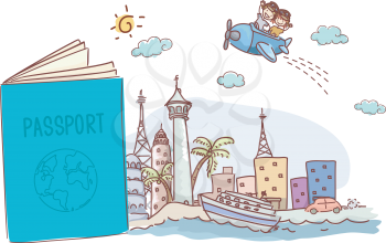 Illustration of an Open Passport with Travel Doodles and Stickman Kids Riding an Airplane