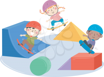 Illustration of Kids on Skateboard Playing on Different Shapes and Colored Ramp and Platform