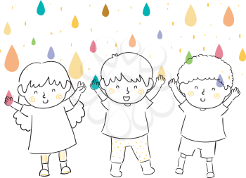 Illustration of Kids with Hands Up Catching Colorful Water Droplets