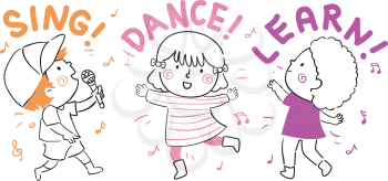 Illustration of Kids Dancing and Singing with Sing, Dance and Learn Lettering