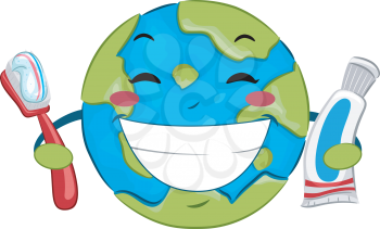 Illustration of an Earth Mascot Holding a Toothbrush and Toothpaste for World Oral Health Day