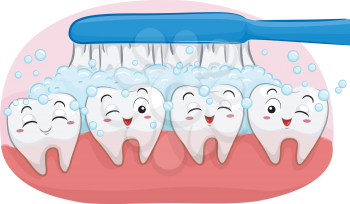Illustration of Happy Teeth Mascots with Toothbrush Cleaning It