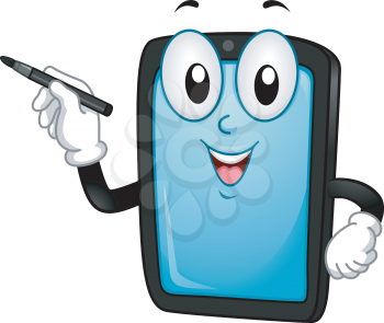 Illustration of a Mobile Tablet Mascot Holding a Digital Pen
