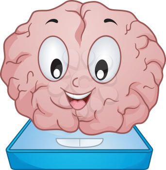 Illustration of a Brain Mascot Standing on a Weighing Scale for Measurement