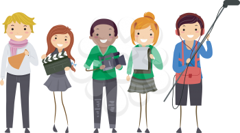Illustration of Stickman Teens Girl and Guy In a Movie or Show Production Team, Holding Microphone, Clapper, Video Camera, Script and Megaphone