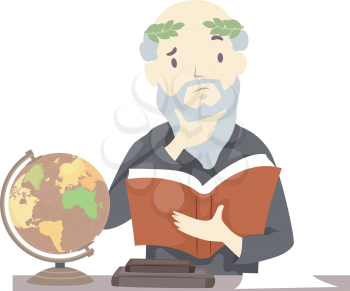 Illustration of a Senior Man Philosopher Holding an Open Book and Thinking with a Globe Beside Him