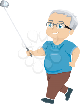 Illustration of a Senior Man Walking and Recording a Video Using a Mobile Phone and Selfie Stick