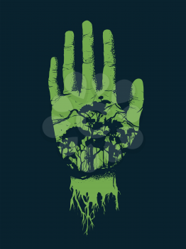 Illustration of a hand Showing Palm with Trees and Roots on Wrist