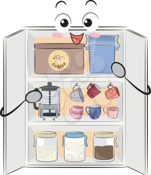 Illustration of a Cabinet for Coffee Making with Cups, French Press and Other Containers