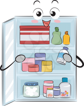 Illustration of a Medicine Cabinet Mascot Placing Medical Supplies for Organization