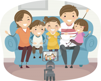 Illustration of a Stickman Family Sitting Down the Couch and Using Mobile Phone to Record a Video