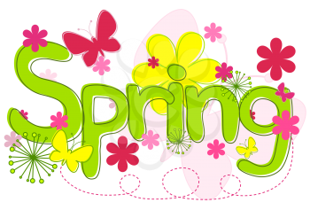 Royalty Free Clipart Image of the Word Spring With Flowers and a Butterfly