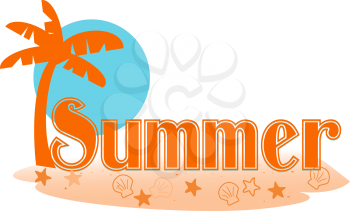 Royalty Free Clipart Image of Seasonal Summer Type With a Beach Scene and Sunset Background