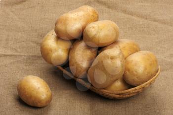 Royalty Free Photo of Potatoes in a Basket on Sacking