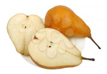 Royalty Free Photo of a Pear and a Halved Pear on a White Plate