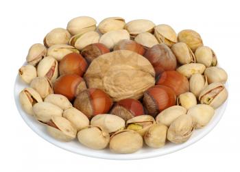 Royalty Free Photo of Pistachios, Hazelnuts and a Walnut Arranged on a Plate