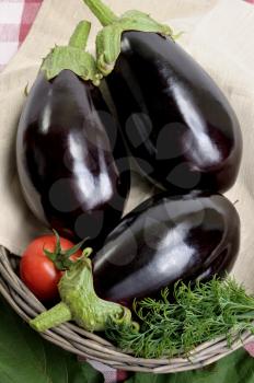 Royalty Free Photo of Eggplants and a Tomato in a Basket