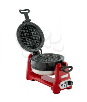 Kitchen appliances - red waffle-iron with a raised lid, isolated on a white background