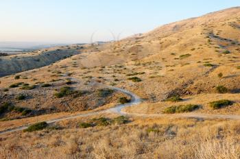 Shore of Lake Kinneret, the slopes of the Golan Heights in Israel