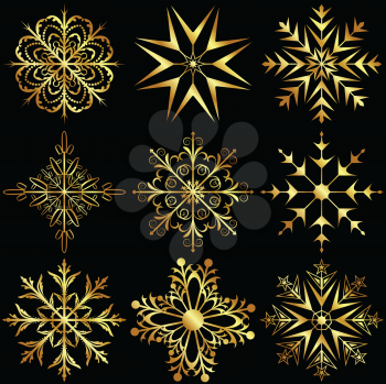 Royalty Free Clipart Image of a Set of Gold Snowflakes