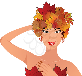 Illustration elegant autumn girl with leaves - vector
