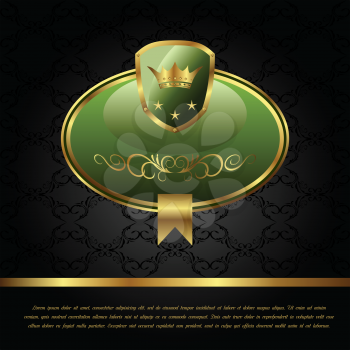 Illustration royal background with golden frame, shield, crown - vector