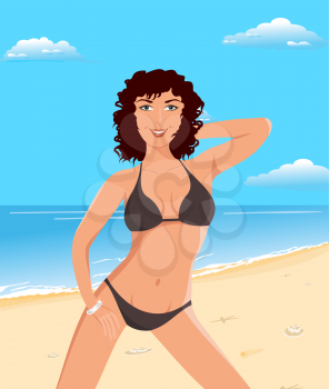 Illustration pretty suntanned girl on beach - vector