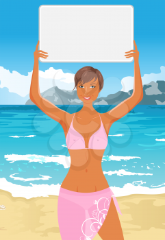 Illustration girl in bikini with banner on the beach - vector