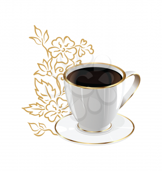 Illustration cup of coffee isolated with floral design elements - vector