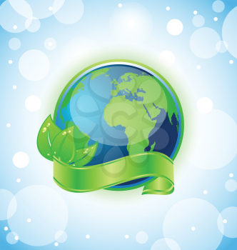 Illustration of green earth with leaves wrapped ribbon - vector