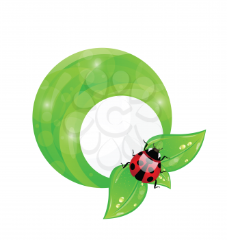 Illustration green round frame with leaf elements and ladybug, eco friendly background - vector