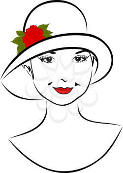 Illustration vintage girl face in hat with rose- vector
