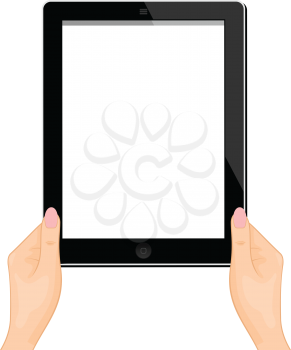 Illustration of the computer tablet in a hand of the woman isolated on a white background - vector