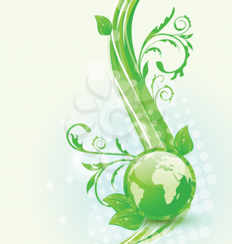 Illustration wavy background with global planet and eco green leaves - vector
