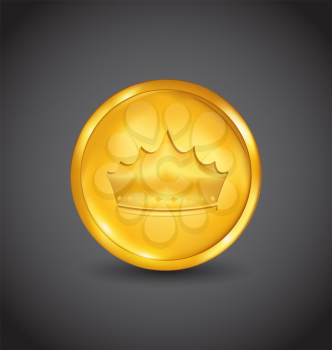 Illustration golden coin with heraldic crown on black background - vector