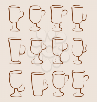 Illustration sketch set coffee and latte cups design elements - vector