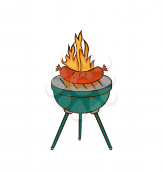 Illustration barbecue with sausage and flame - vector